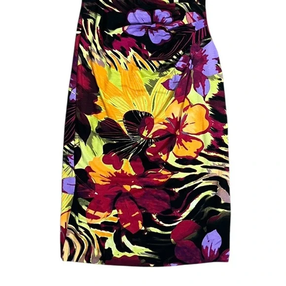 Vintage Cache Sheath Dress Size Small Bodycon Fitted Ruched Floral Purple